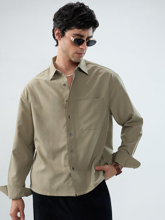 Refined Olive Mist Soft-Weave Boxy Fit Crop Shirt