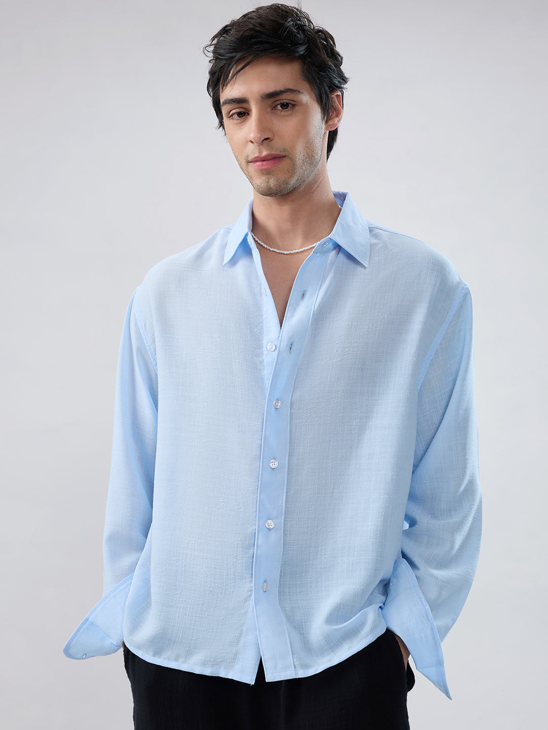 Baby Blue Slub Textured Boxy Fit Crop Shirt