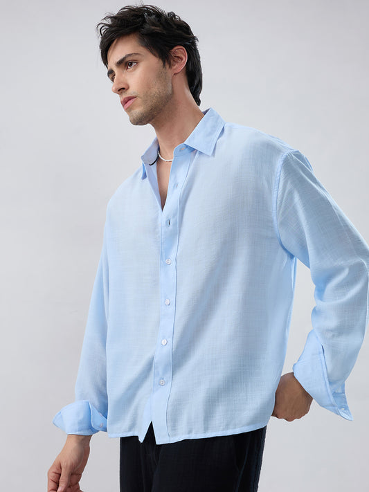 Baby Blue Slub Textured Boxy Fit Crop Shirt