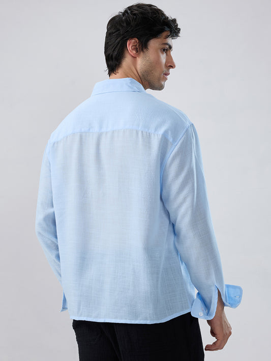Baby Blue Slub Textured Boxy Fit Crop Shirt