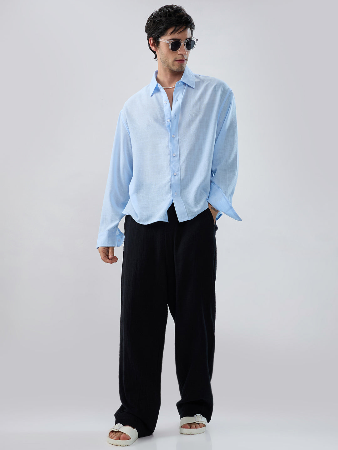 Baby Blue Slub Textured Boxy Fit Crop Shirt