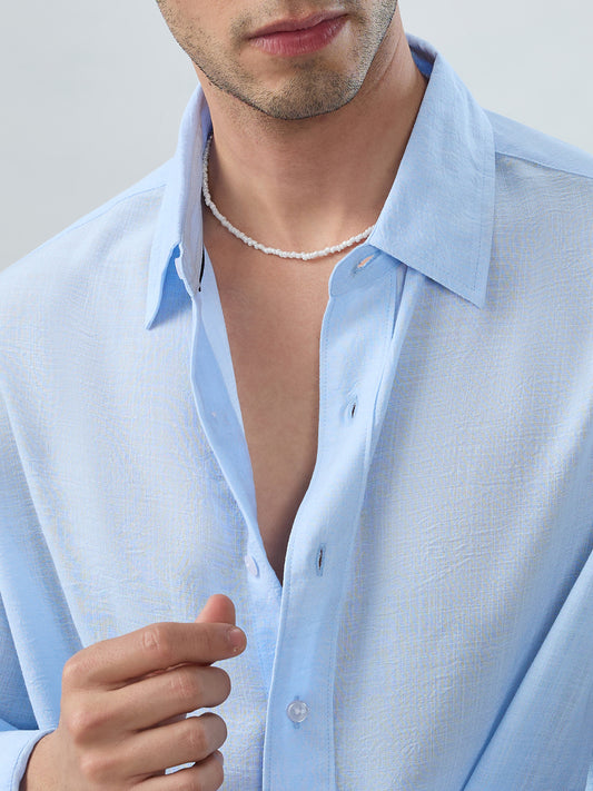 Baby Blue Slub Textured Boxy Fit Crop Shirt