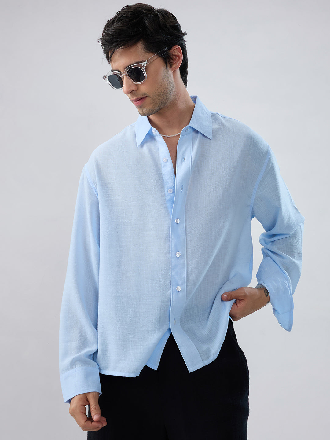 Baby Blue Slub Textured Boxy Fit Crop Shirt