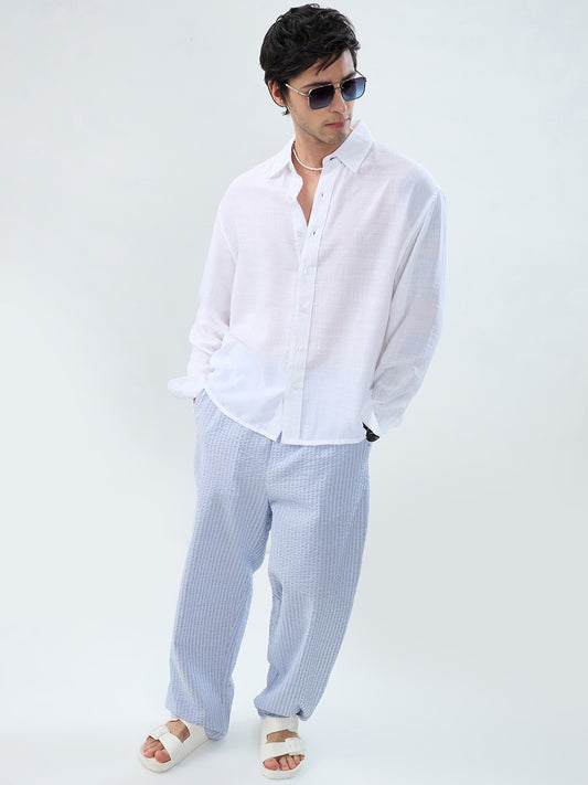 Elegant Pearl White Sheer-Weave Boxy Fit Crop Shirt