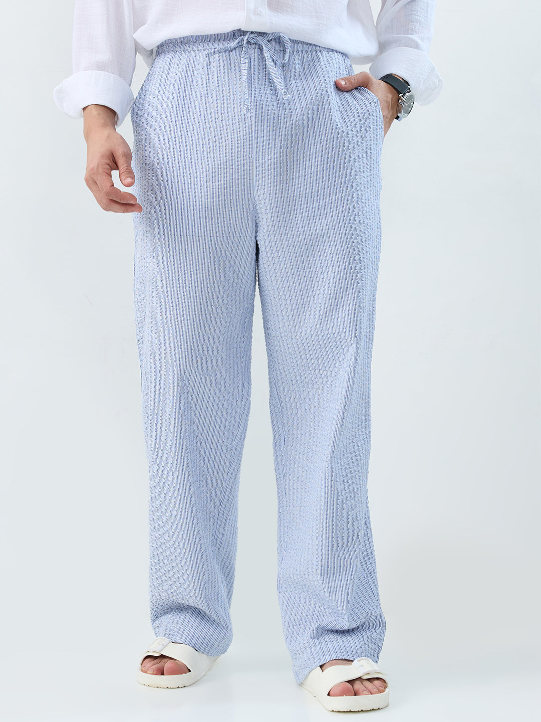 Multi-Tone Vertical Seersucker Striped Straight-Fit Trousers