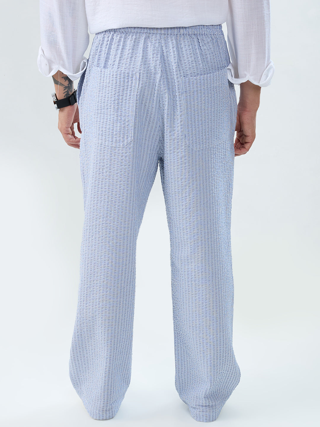 Multi-Tone Vertical Seersucker Striped Straight-Fit Trousers