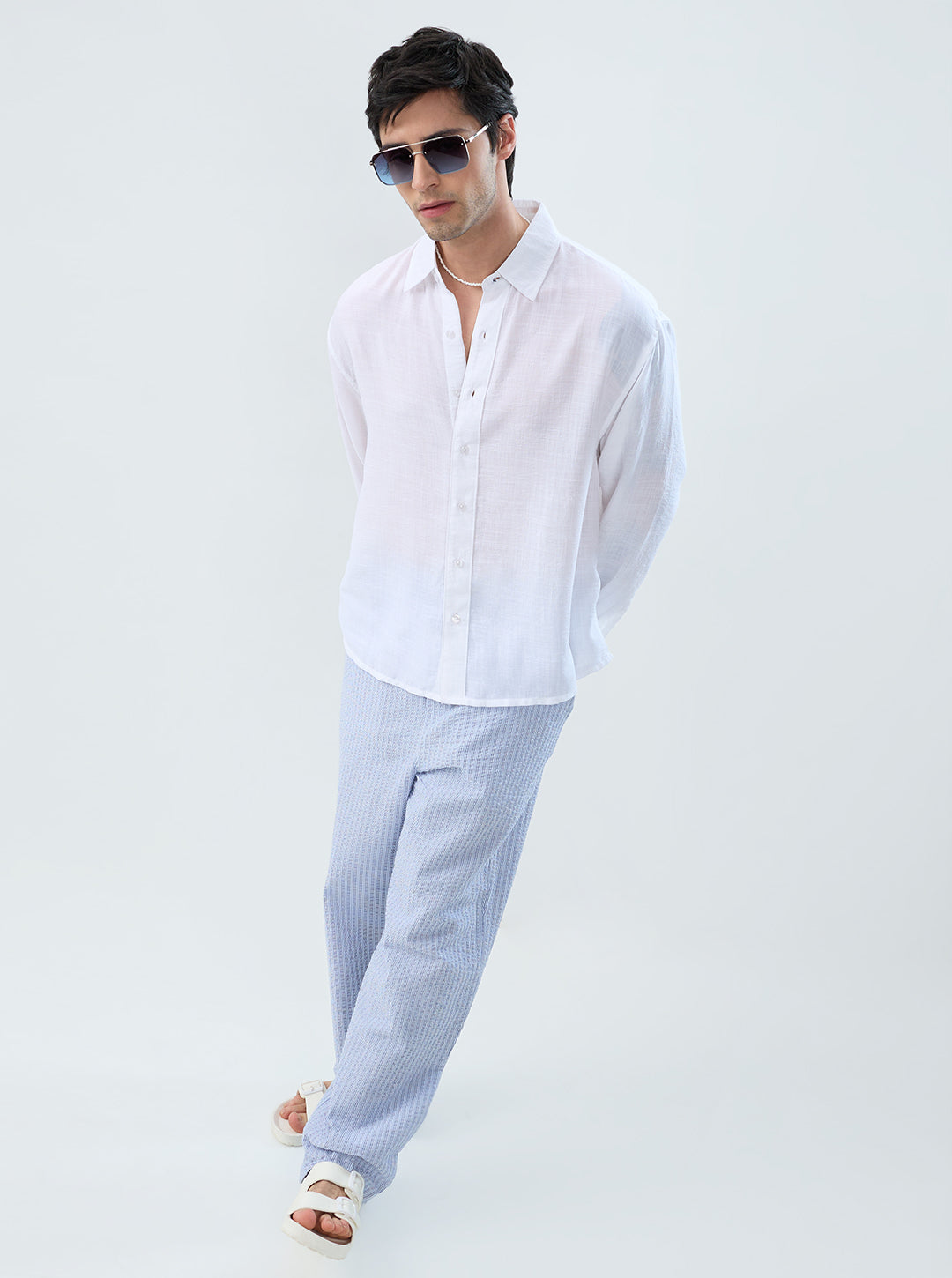 Multi-Tone Vertical Seersucker Striped Straight-Fit Trousers