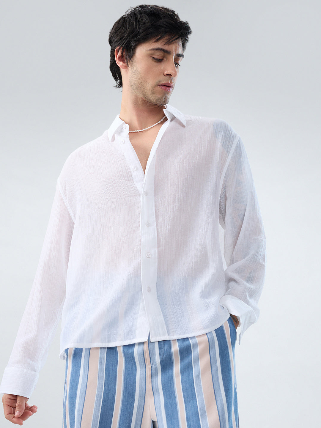 Pure White Classic Sheer Crepe Boxy Fit Crop Shirt