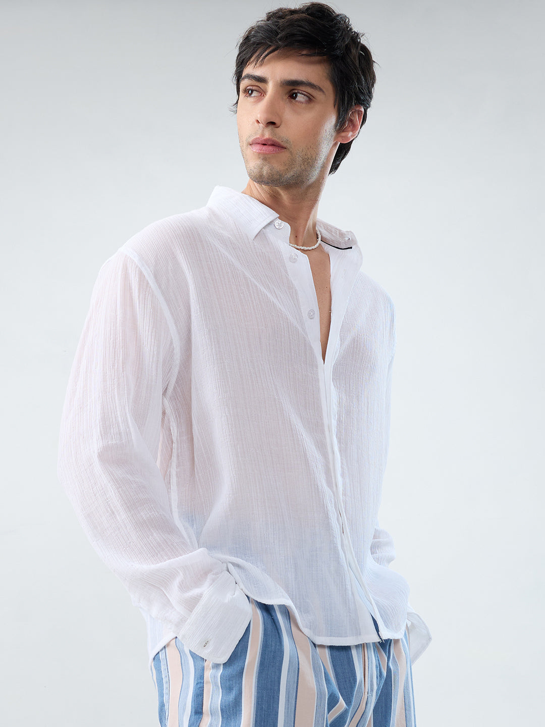 Pure White Classic Sheer Crepe Boxy Fit Crop Shirt