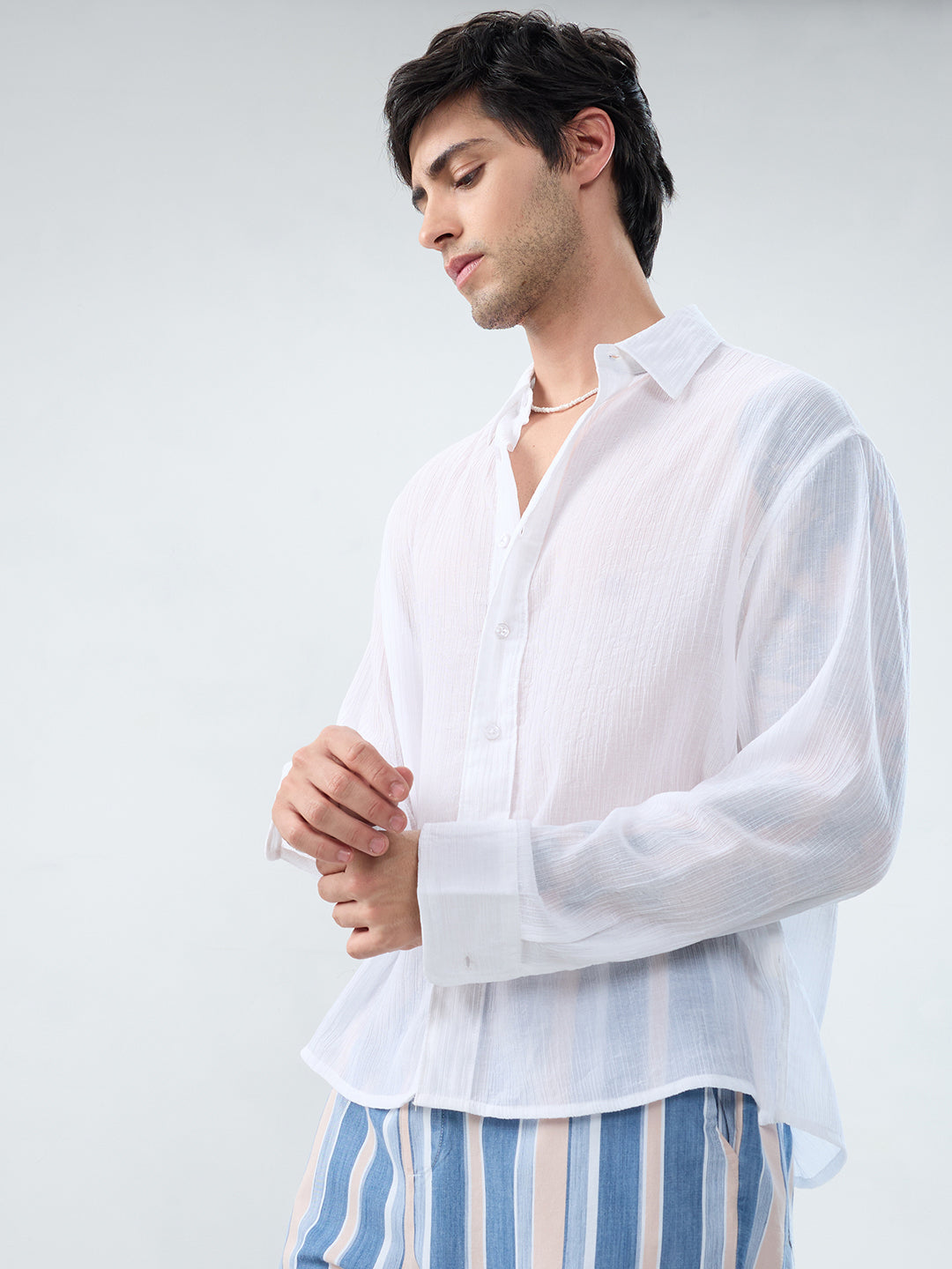 Pure White Classic Sheer Crepe Boxy Fit Crop Shirt