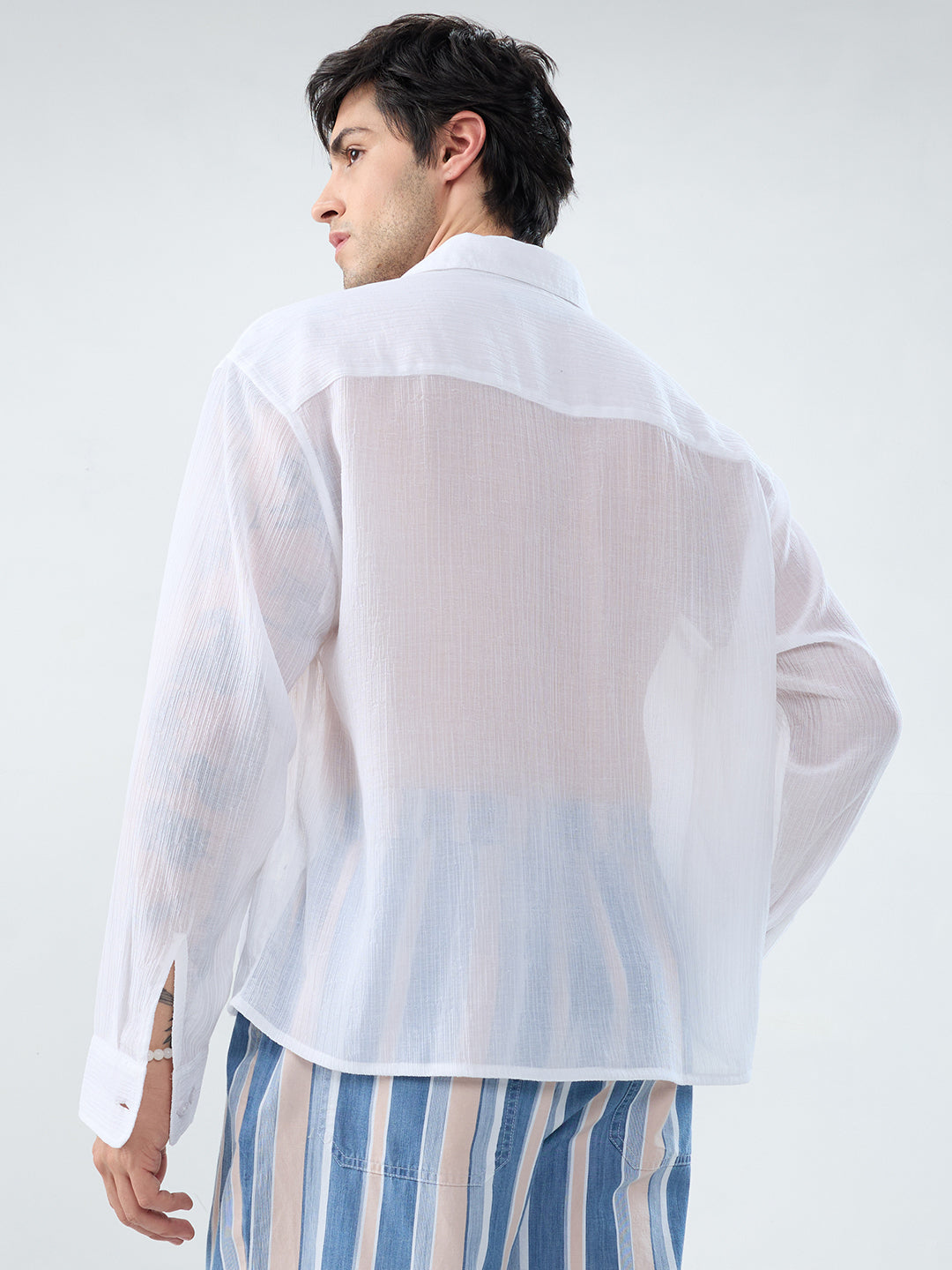 Pure White Classic Sheer Crepe Boxy Fit Crop Shirt