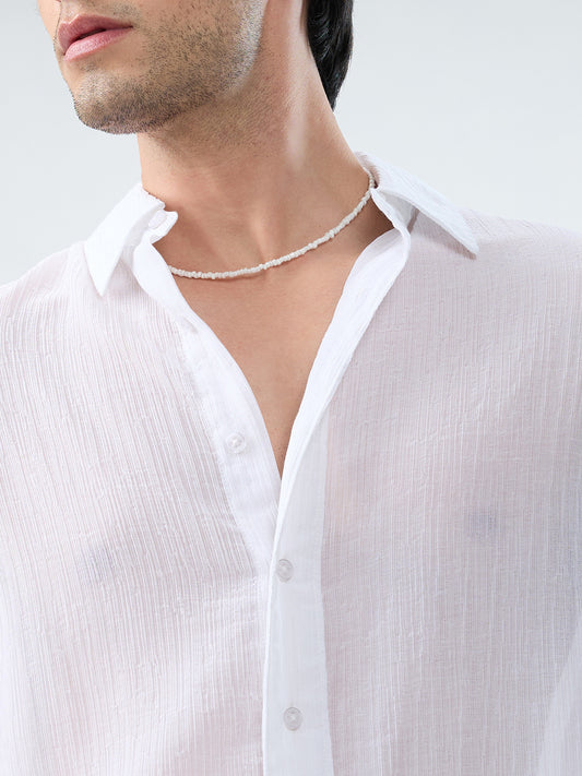 Pure White Classic Sheer Crepe Boxy Fit Crop Shirt