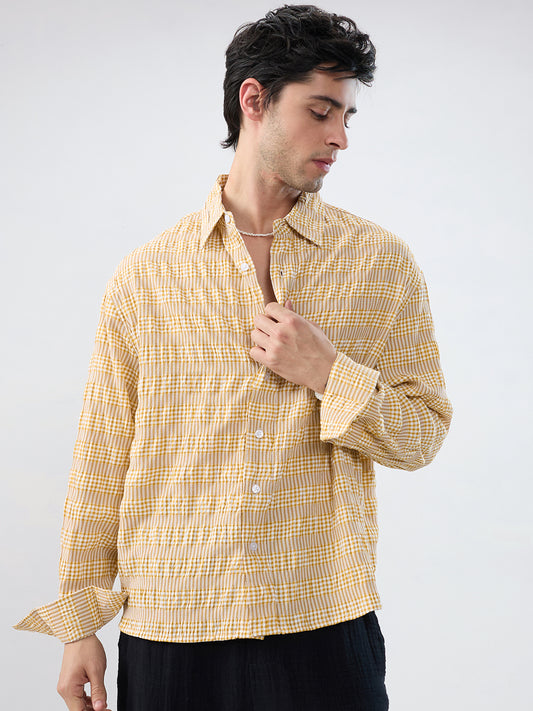 Mustard & White Seersucker Gingham Checks Boxy Fit Crop Shirt