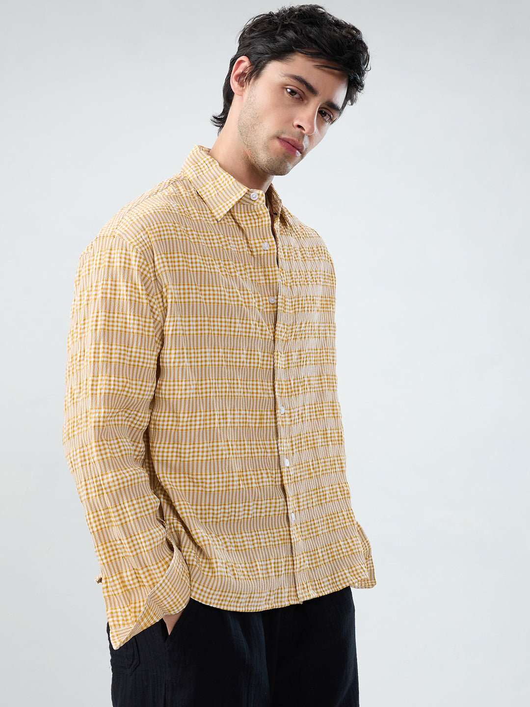 Mustard & White Seersucker Gingham Checks Boxy Fit Crop Shirt