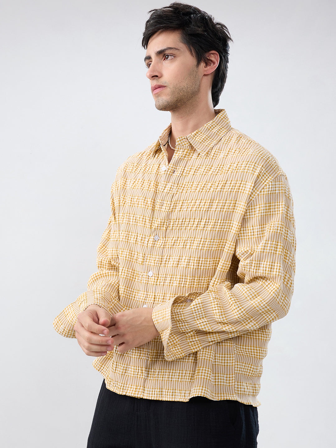 Mustard & White Seersucker Gingham Checks Boxy Fit Crop Shirt