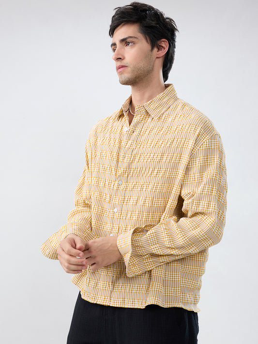 Mustard & White Seersucker Gingham Checks Boxy Fit Crop Shirt
