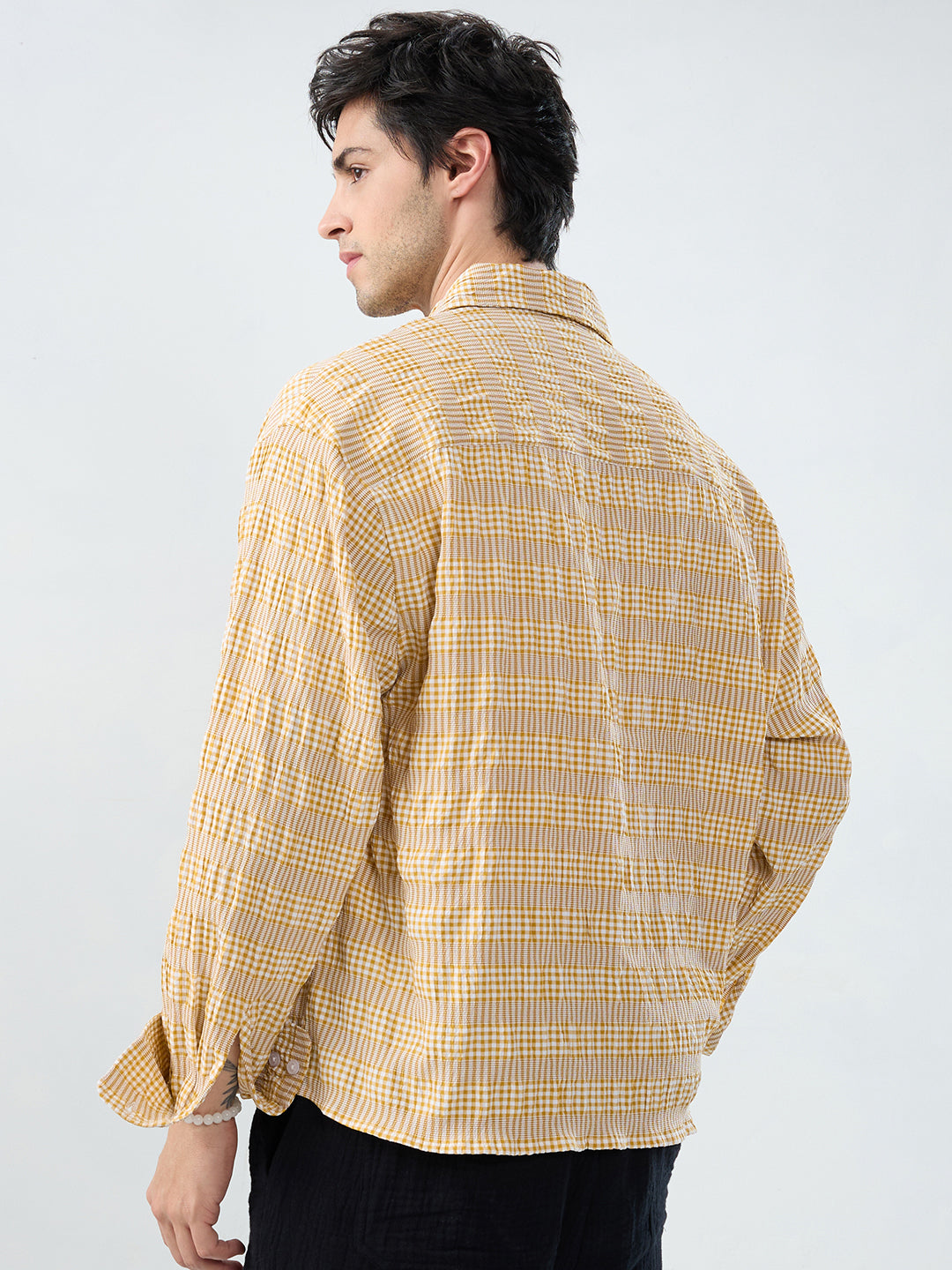 Mustard & White Seersucker Gingham Checks Boxy Fit Crop Shirt