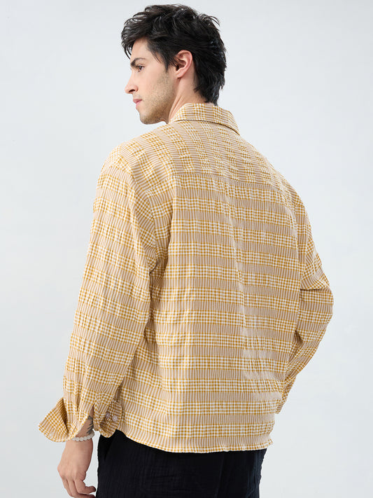 Mustard & White Seersucker Gingham Checks Boxy Fit Crop Shirt