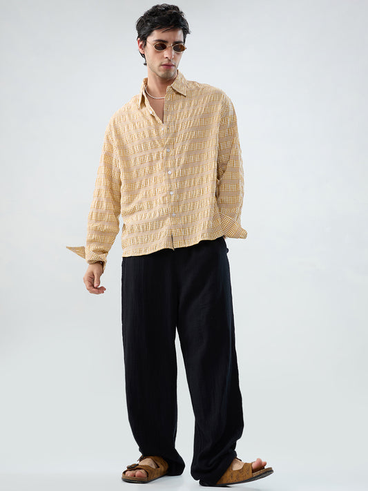 Mustard & White Seersucker Gingham Checks Boxy Fit Crop Shirt