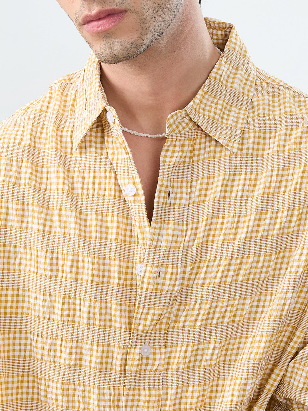 Mustard & White Seersucker Gingham Checks Boxy Fit Crop Shirt