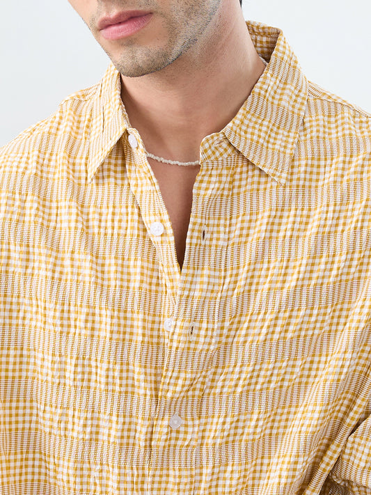 Mustard & White Seersucker Gingham Checks Boxy Fit Crop Shirt