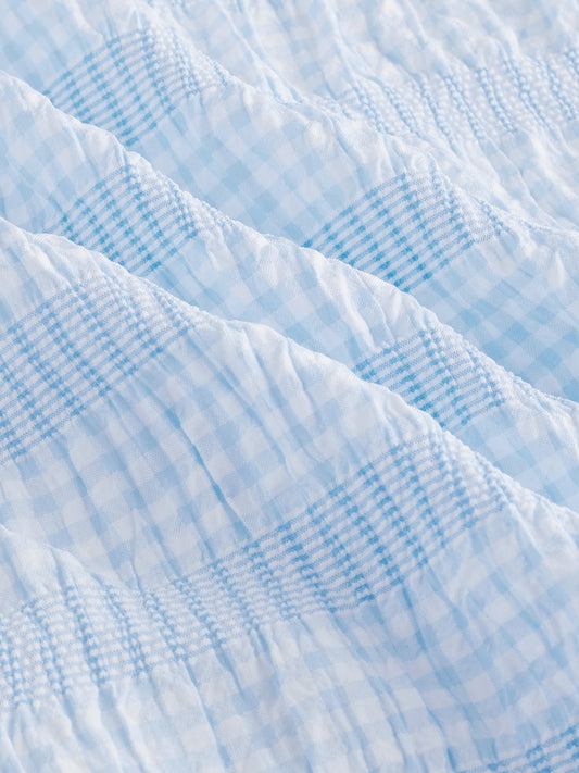 Blue & White Seersucker Gingham Checks Boxy Fit Crop Shirt