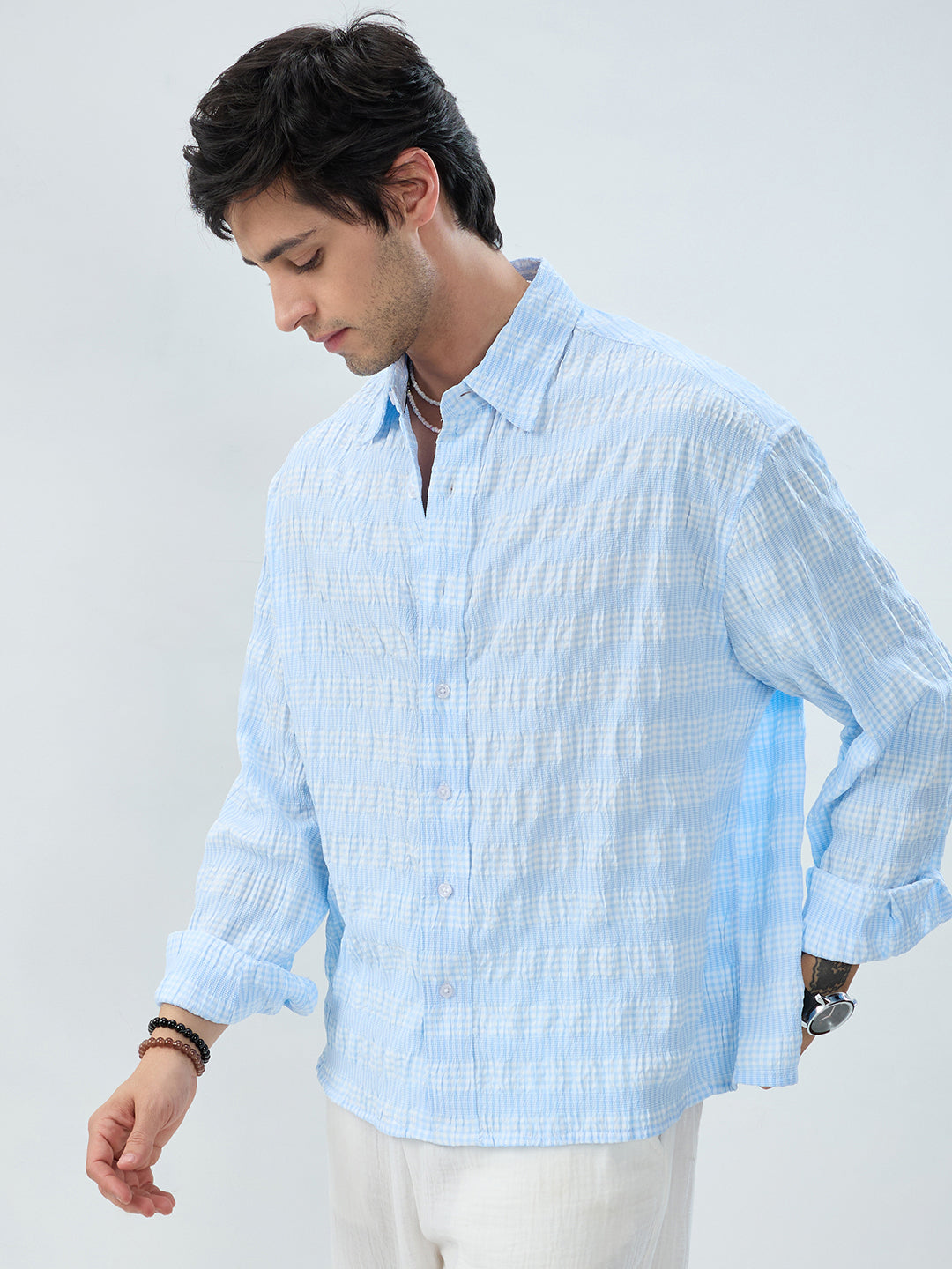 Blue & White Seersucker Gingham Checks Boxy Fit Crop Shirt