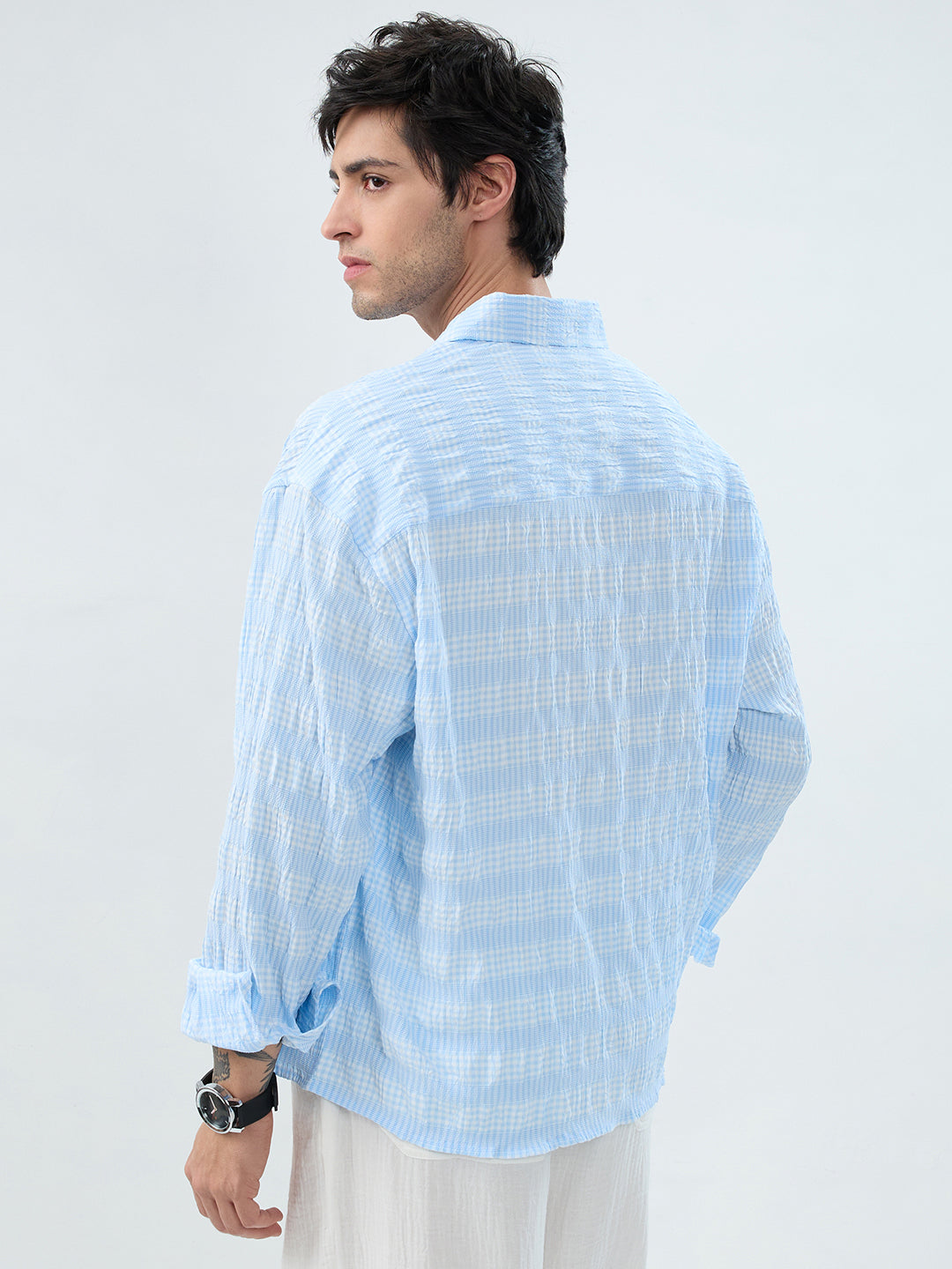 Blue & White Seersucker Gingham Checks Boxy Fit Crop Shirt