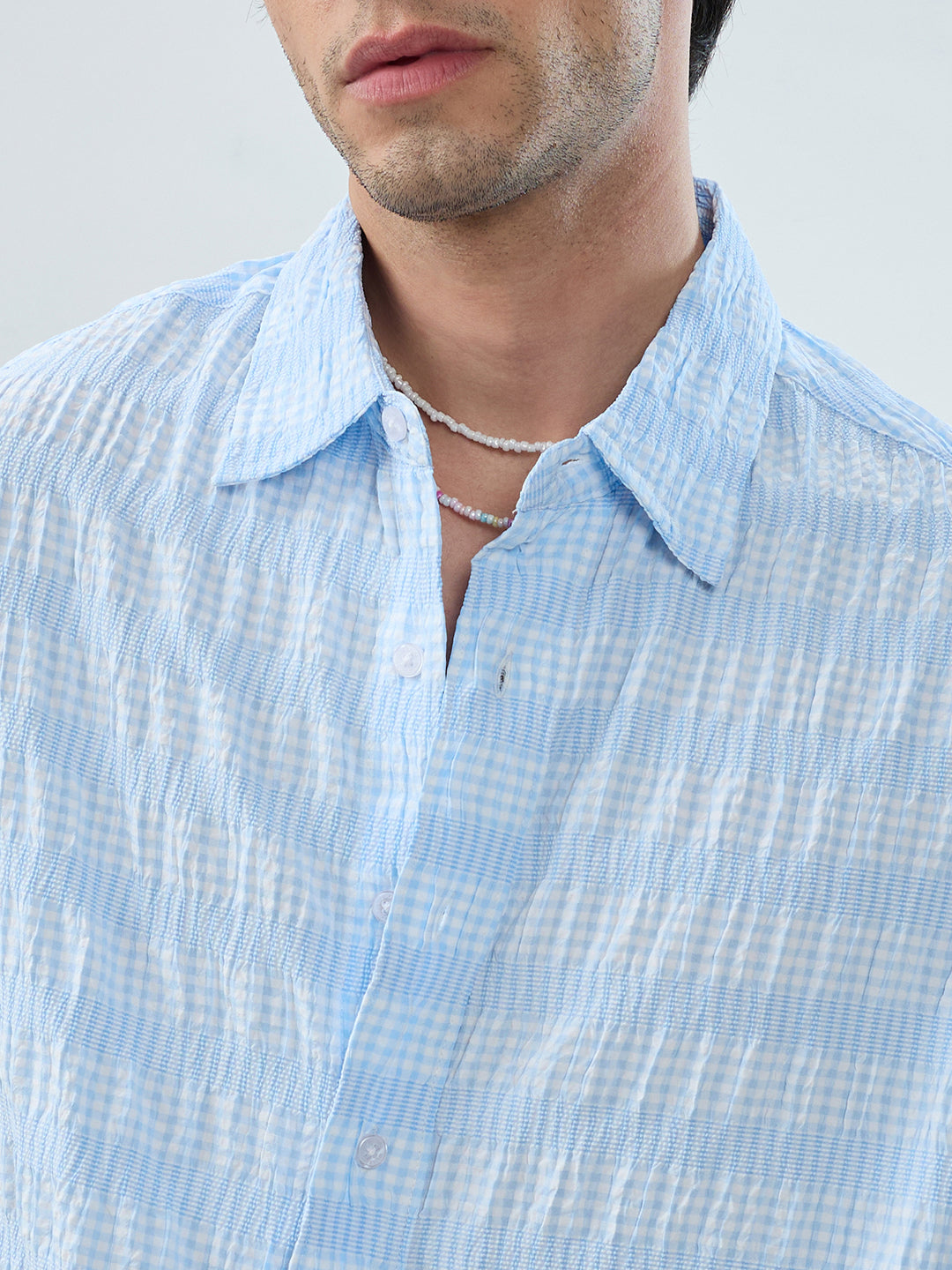 Blue & White Seersucker Gingham Checks Boxy Fit Crop Shirt