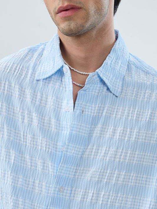 Blue & White Seersucker Gingham Checks Boxy Fit Crop Shirt