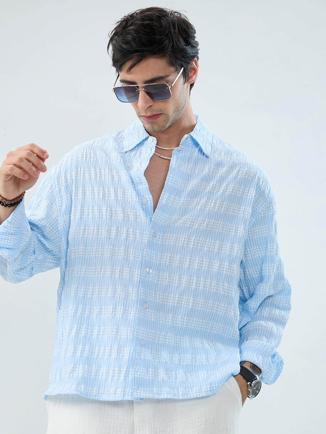 Blue & White Seersucker Gingham Checks Boxy Fit Crop Shirt