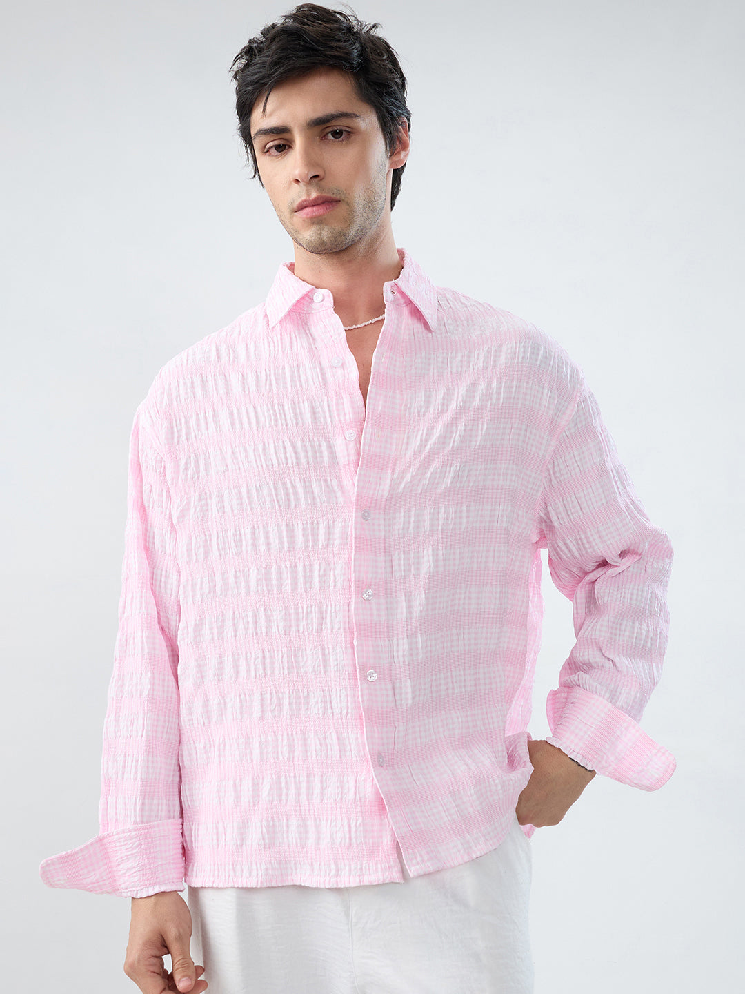 Blush Pink & White Seersucker Gingham Checks Boxy Fit Crop Shirt