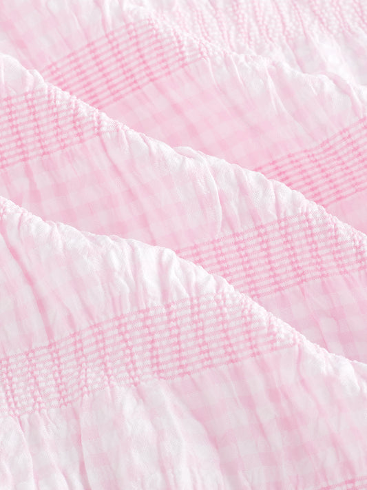 Blush Pink & White Seersucker Gingham Checks Boxy Fit Crop Shirt