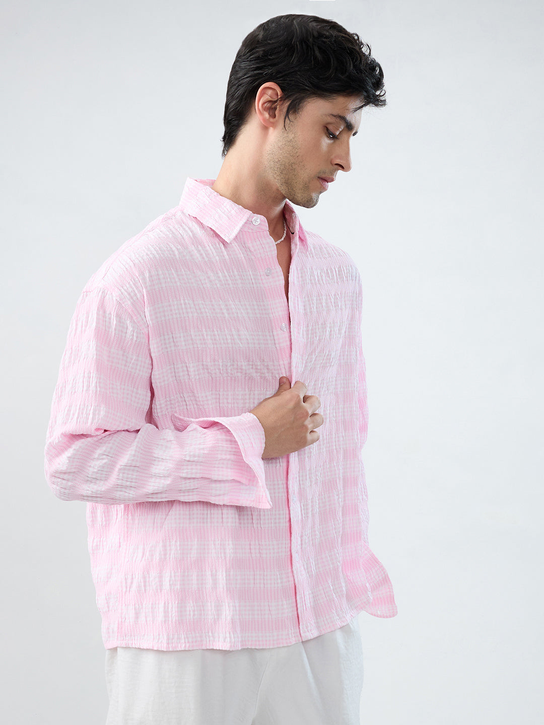 Blush Pink & White Seersucker Gingham Checks Boxy Fit Crop Shirt