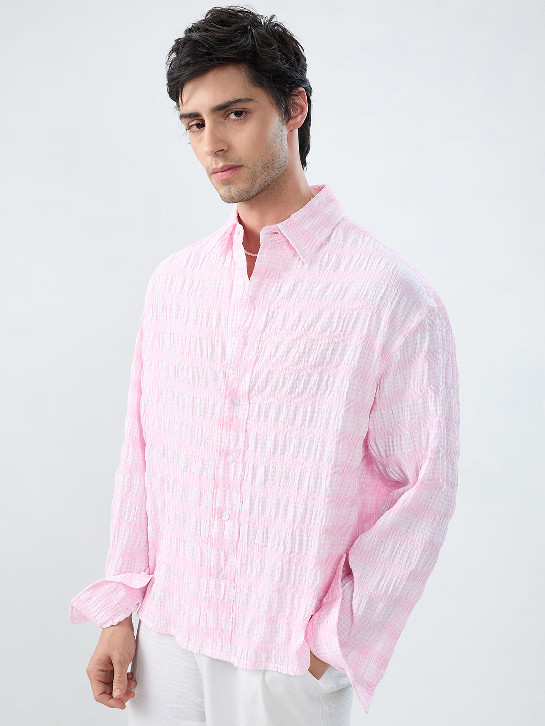 Blush Pink & White Seersucker Gingham Checks Boxy Fit Crop Shirt