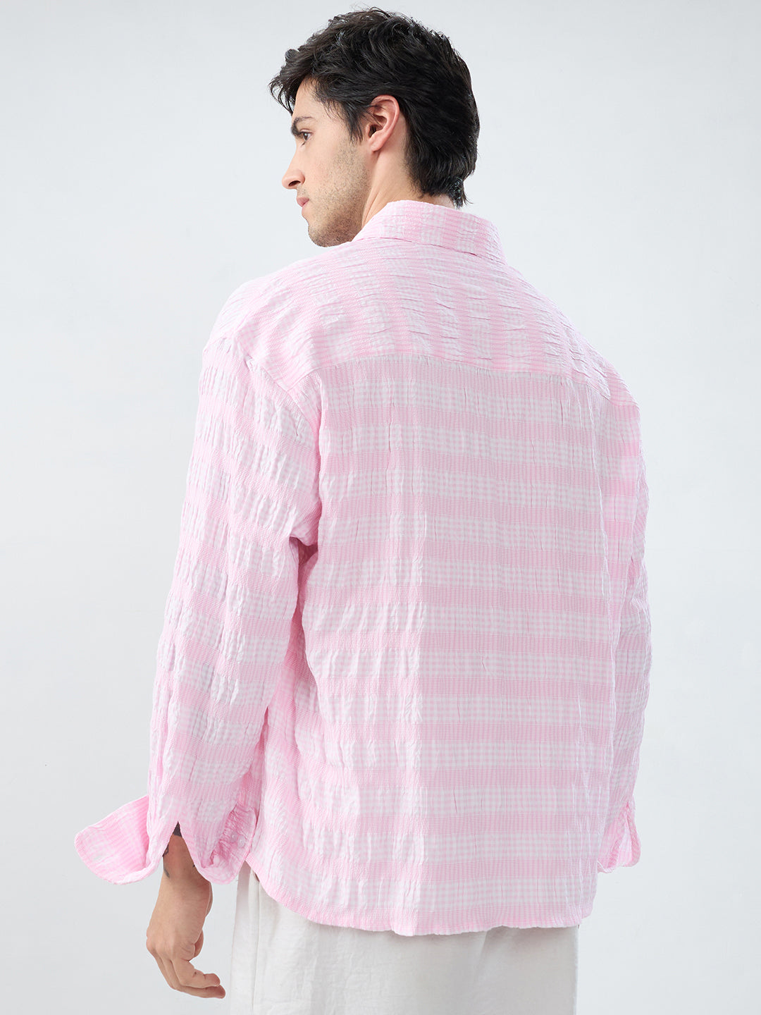 Blush Pink & White Seersucker Gingham Checks Boxy Fit Crop Shirt