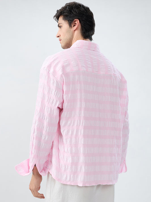 Blush Pink & White Seersucker Gingham Checks Boxy Fit Crop Shirt