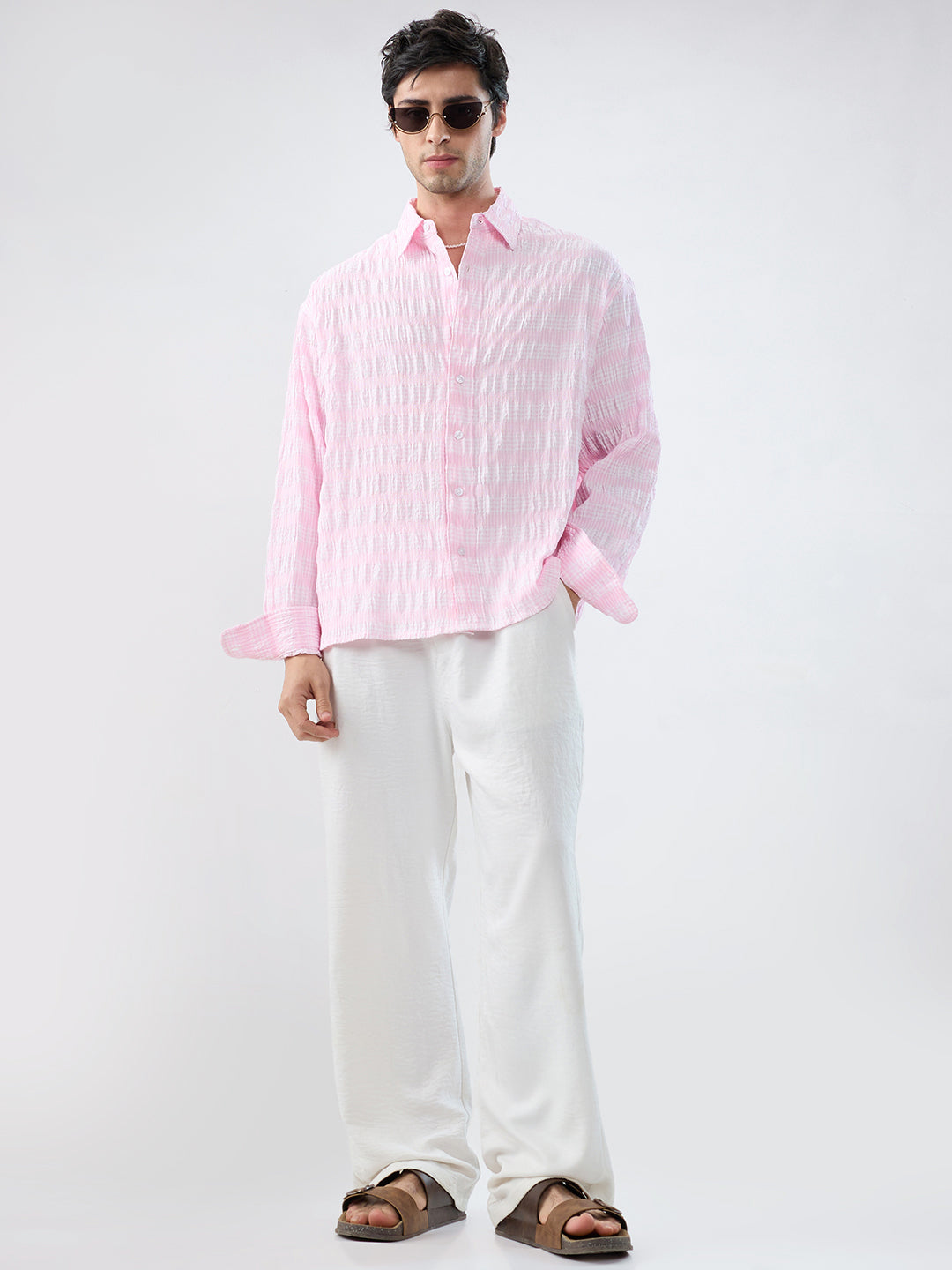 Blush Pink & White Seersucker Gingham Checks Boxy Fit Crop Shirt