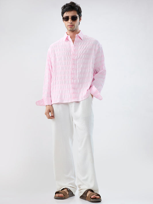 Blush Pink & White Seersucker Gingham Checks Boxy Fit Crop Shirt