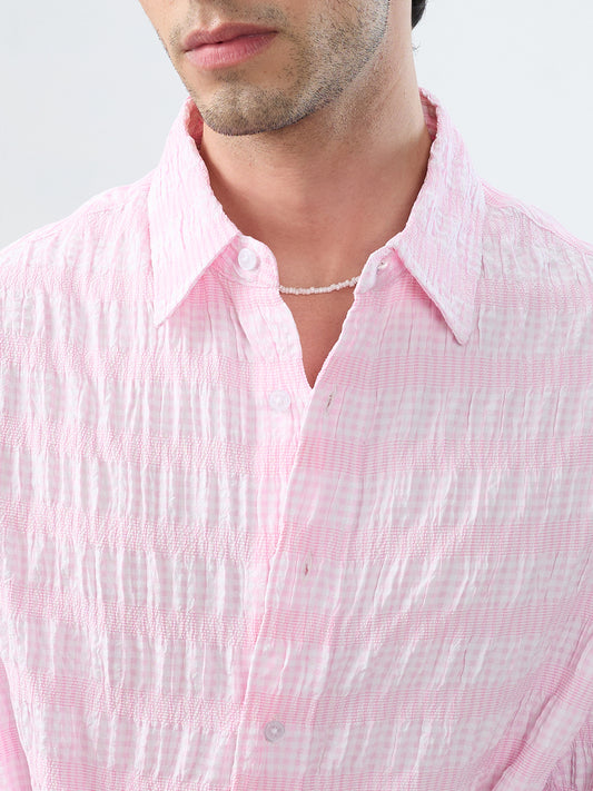 Blush Pink & White Seersucker Gingham Checks Boxy Fit Crop Shirt