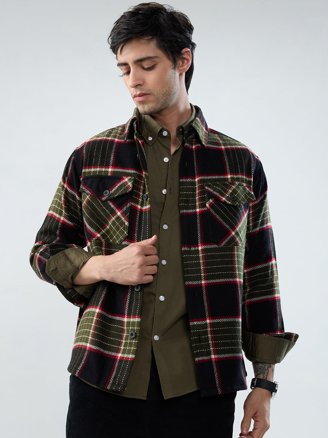 Premium Red & Olive Checks Double Pocket Flannel Shirt