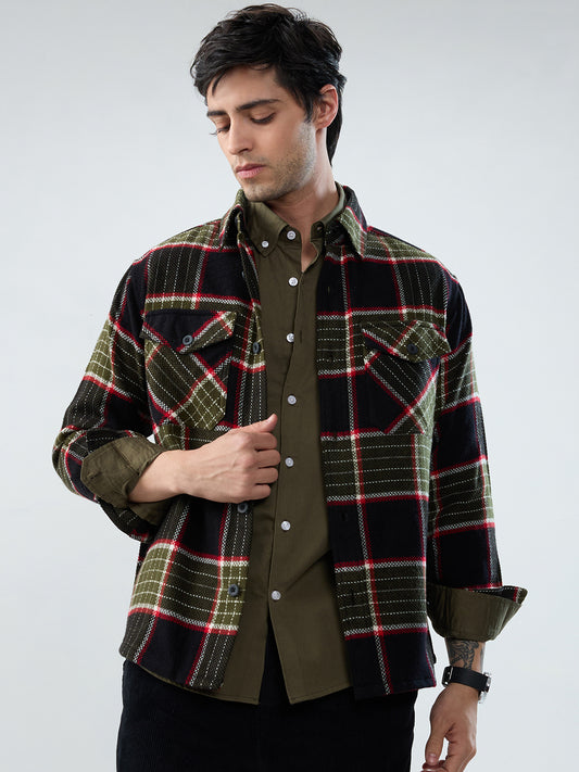 Premium Red & Olive Checks Double Pocket Flannel Shirt