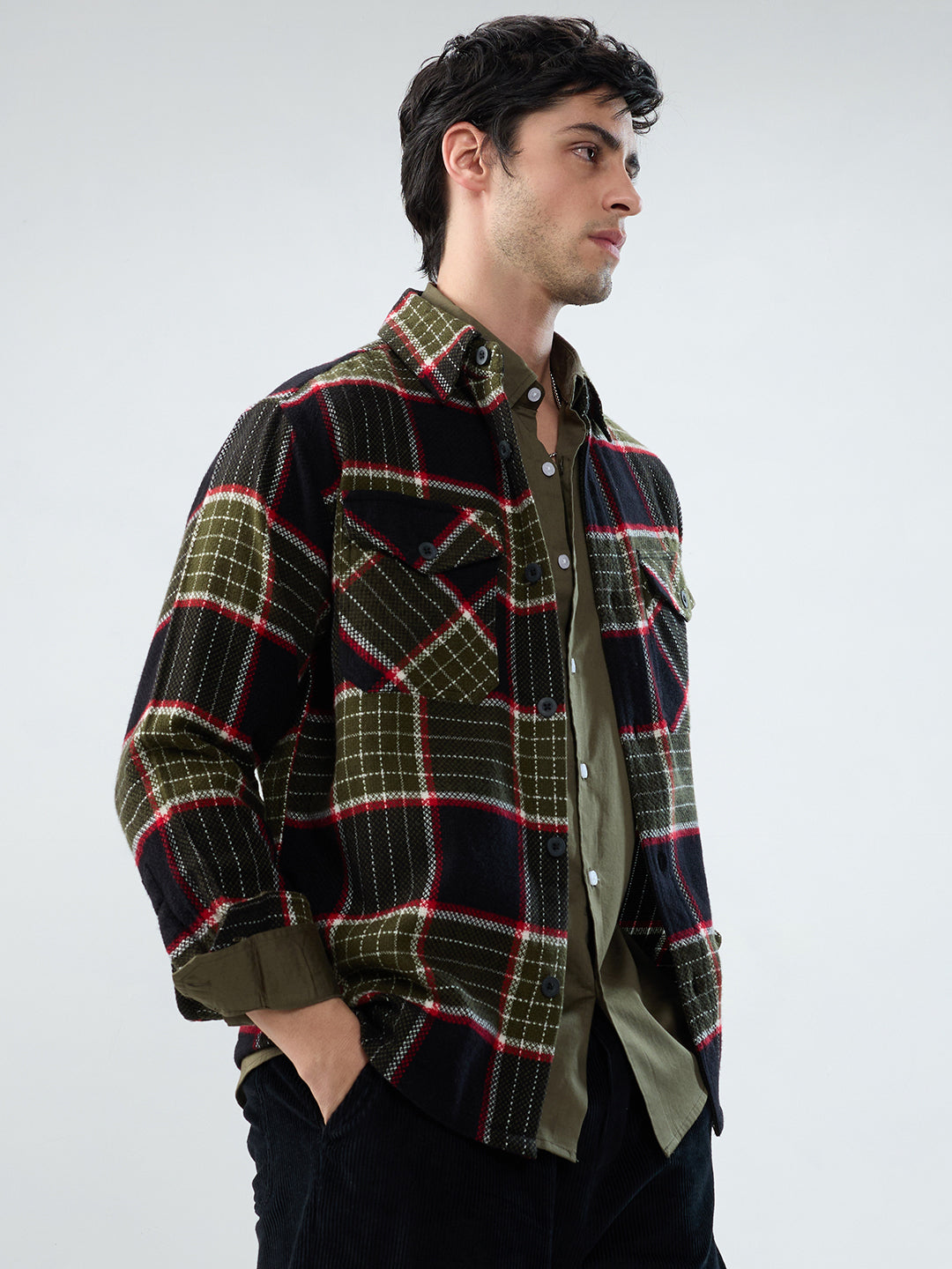 Premium Red & Olive Checks Double Pocket Flannel Shirt
