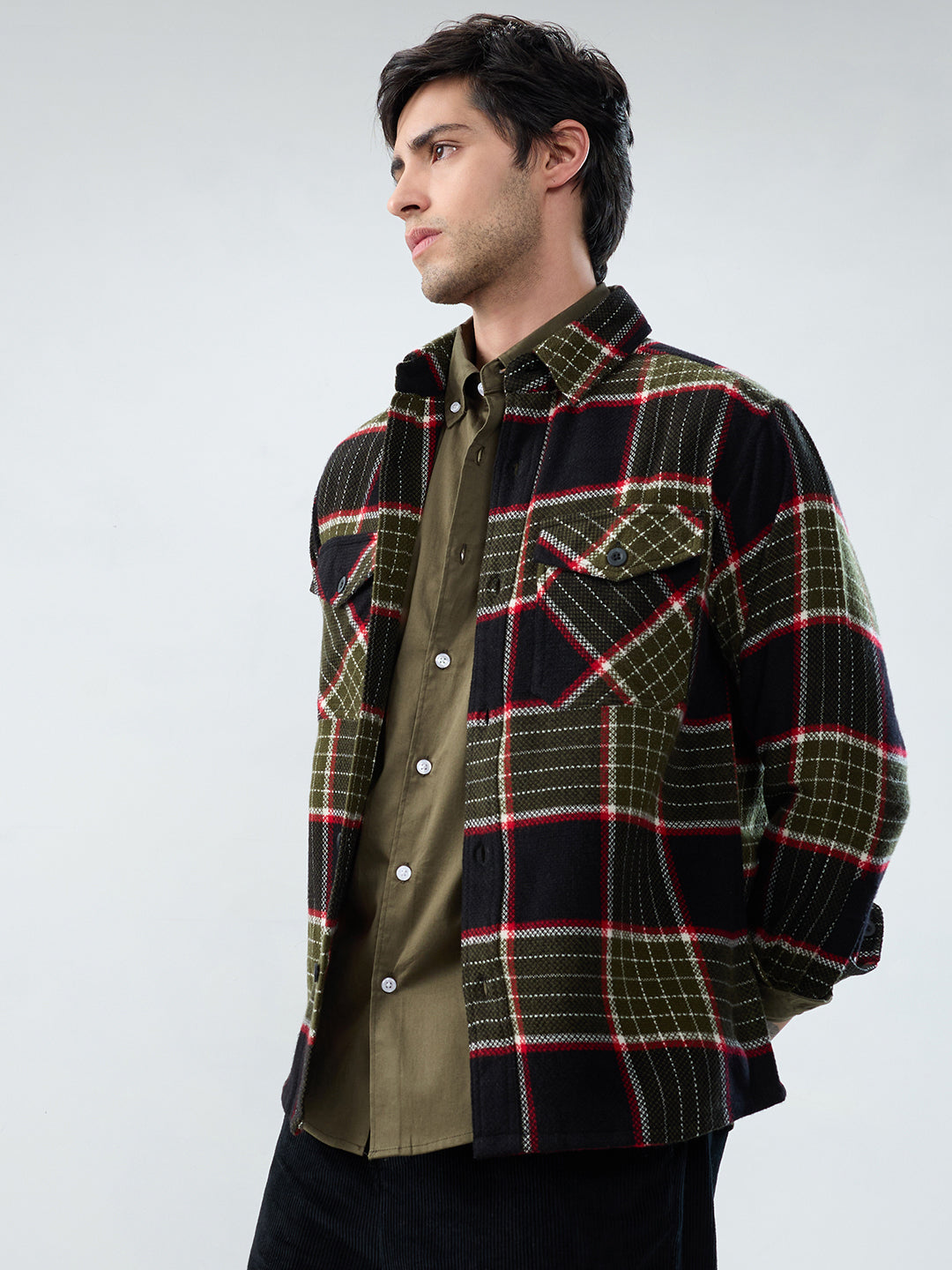 Premium Red & Olive Checks Double Pocket Flannel Shirt