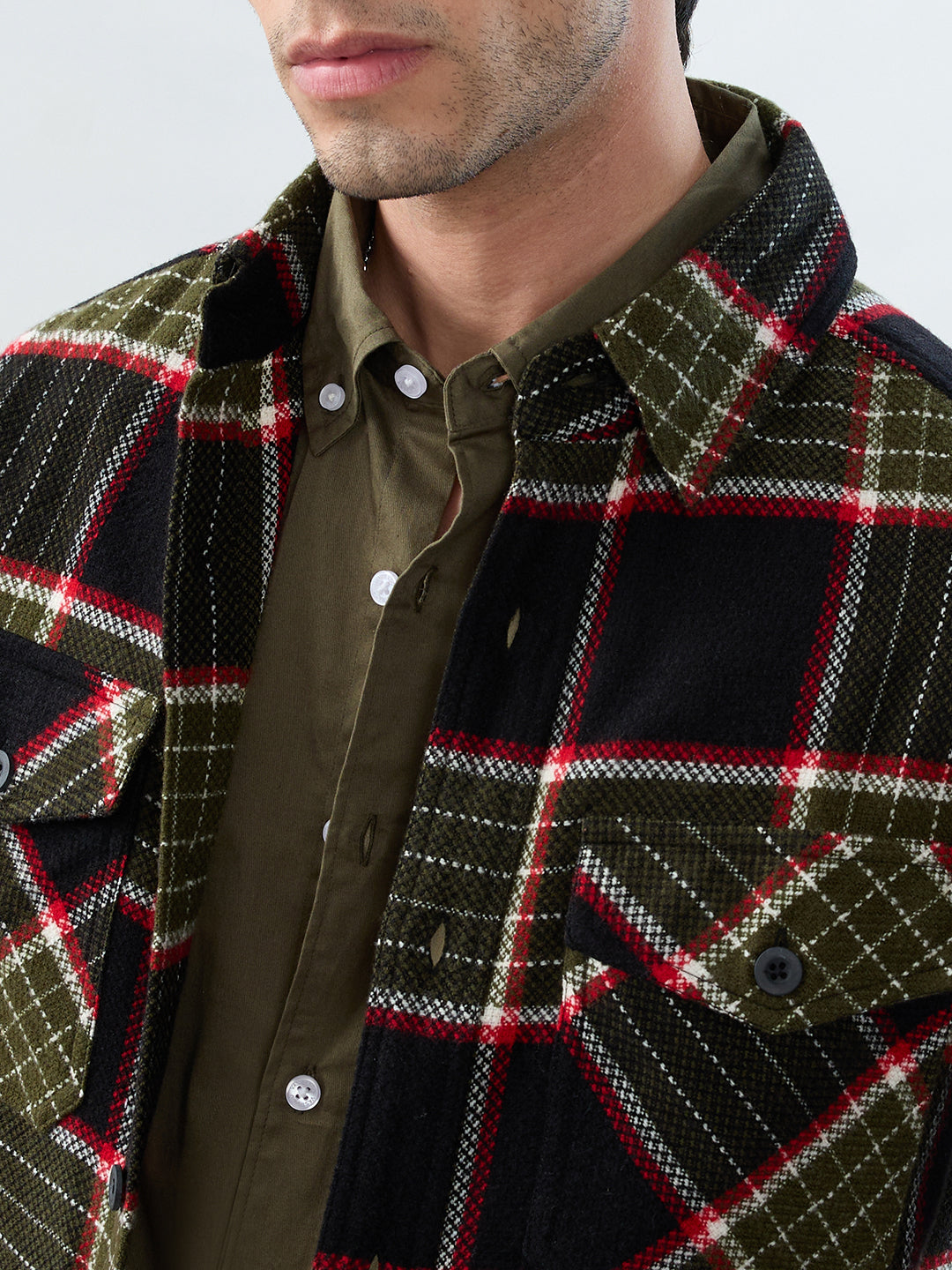 Premium Red & Olive Checks Double Pocket Flannel Shirt