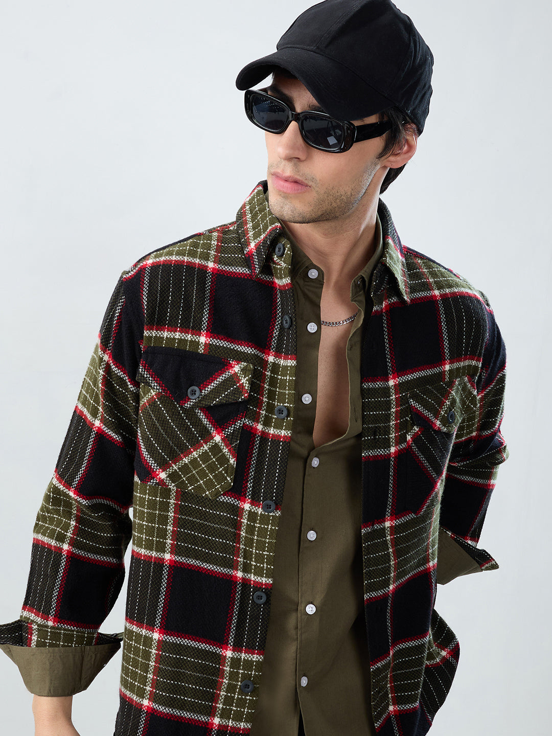 Premium Red & Olive Checks Double Pocket Flannel Shirt