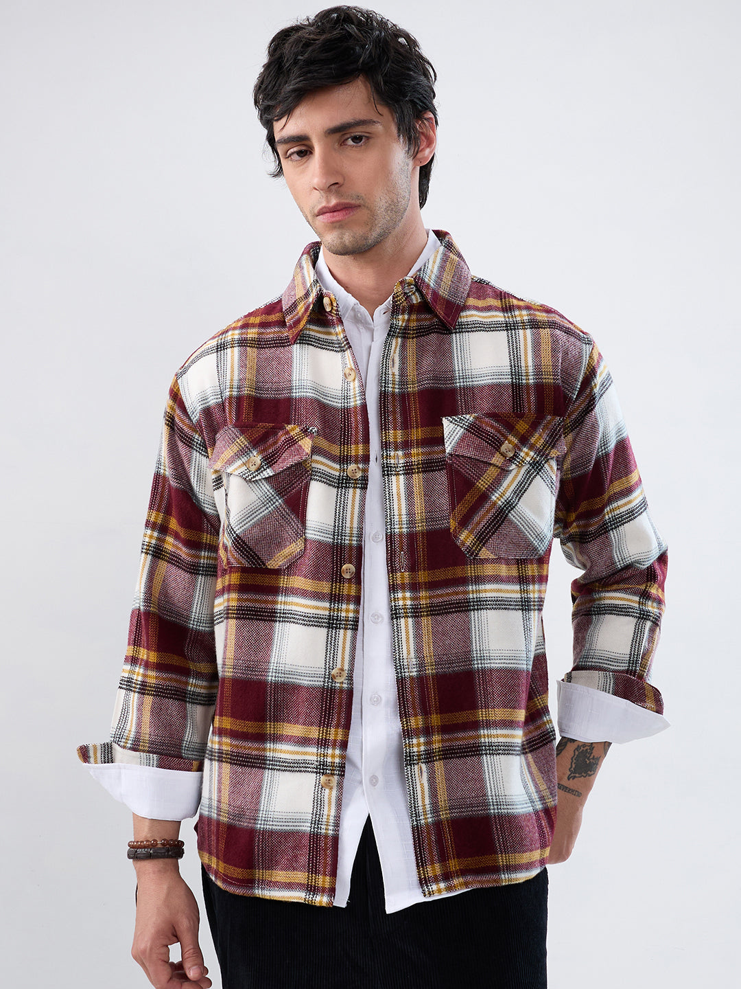 Cherry Red & White Checks Double Pocket Flannel Shirt