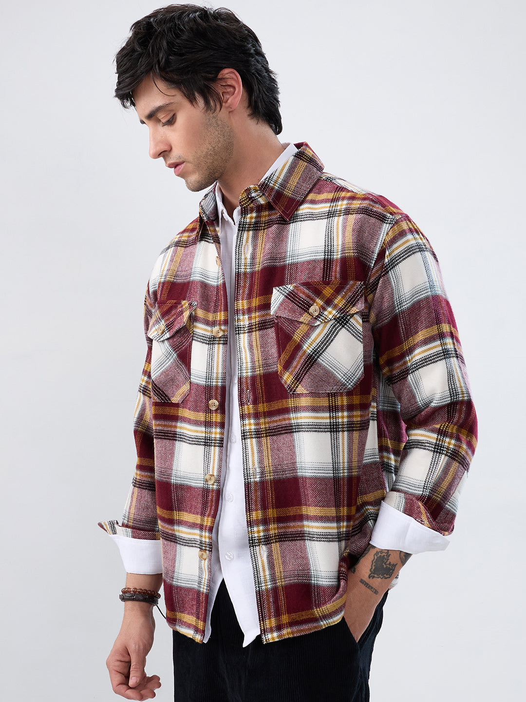 Cherry Red & White Checks Double Pocket Flannel Shirt