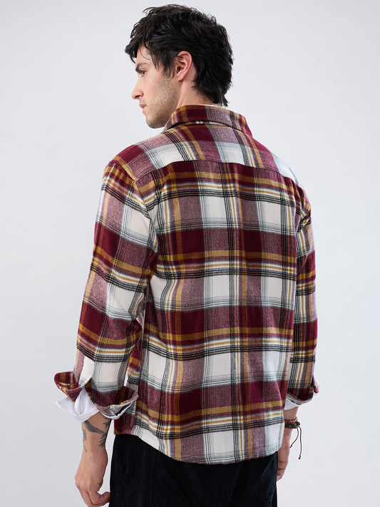 Cherry Red & White Checks Double Pocket Flannel Shirt
