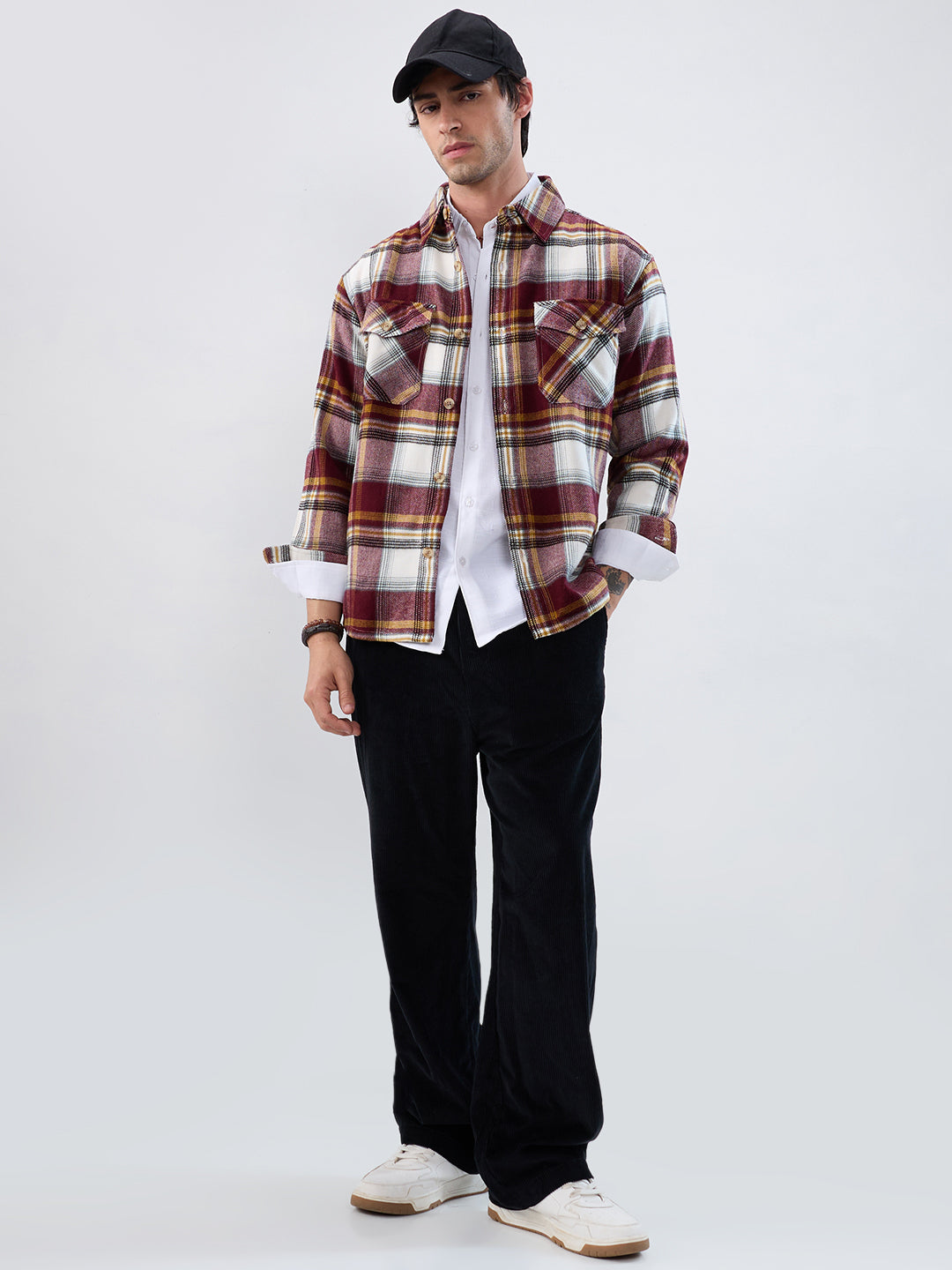Cherry Red & White Checks Double Pocket Flannel Shirt